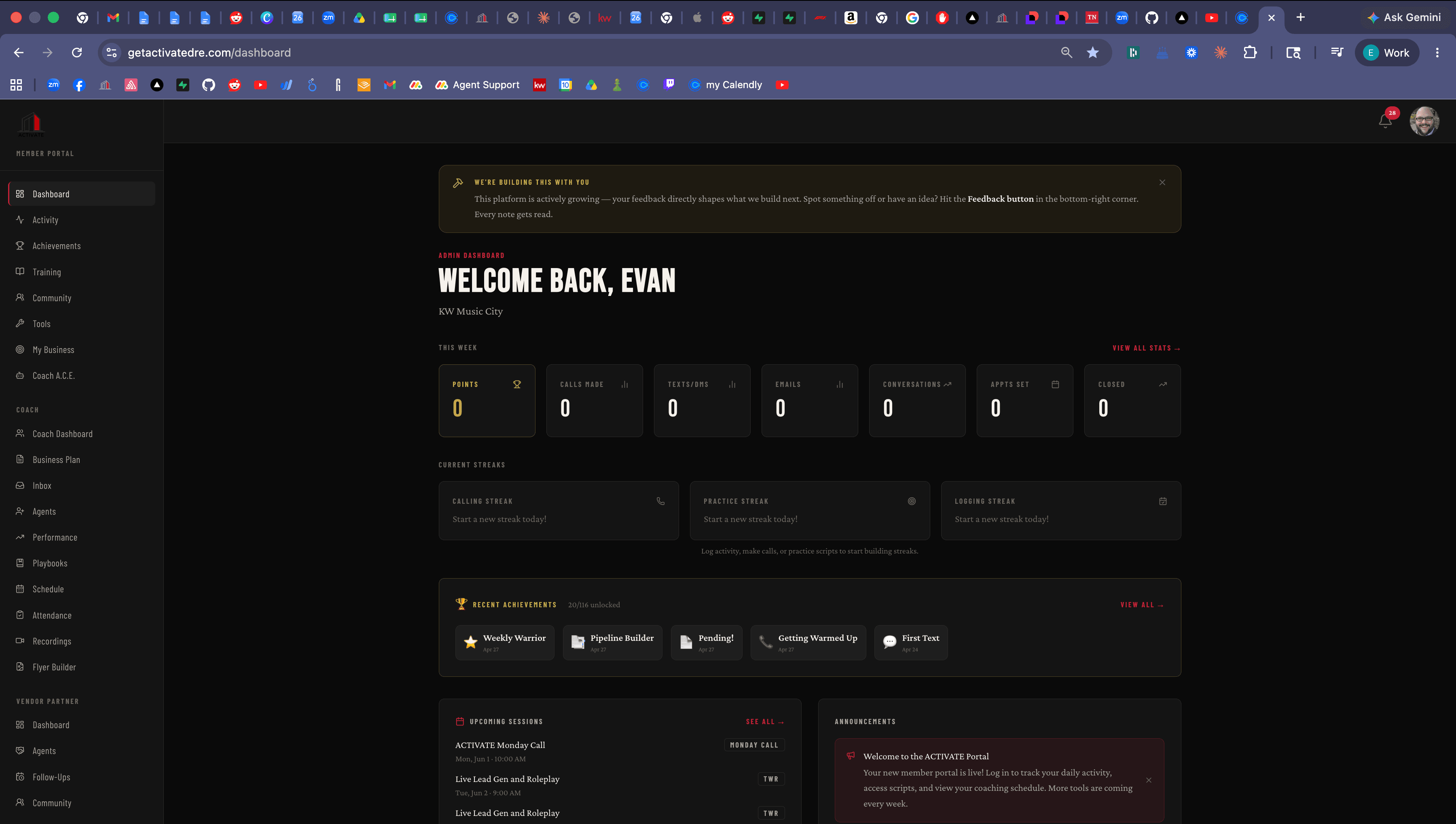 ACTIVATE Member Portal: Member dashboard. Stats, streaks, and recent achievements.