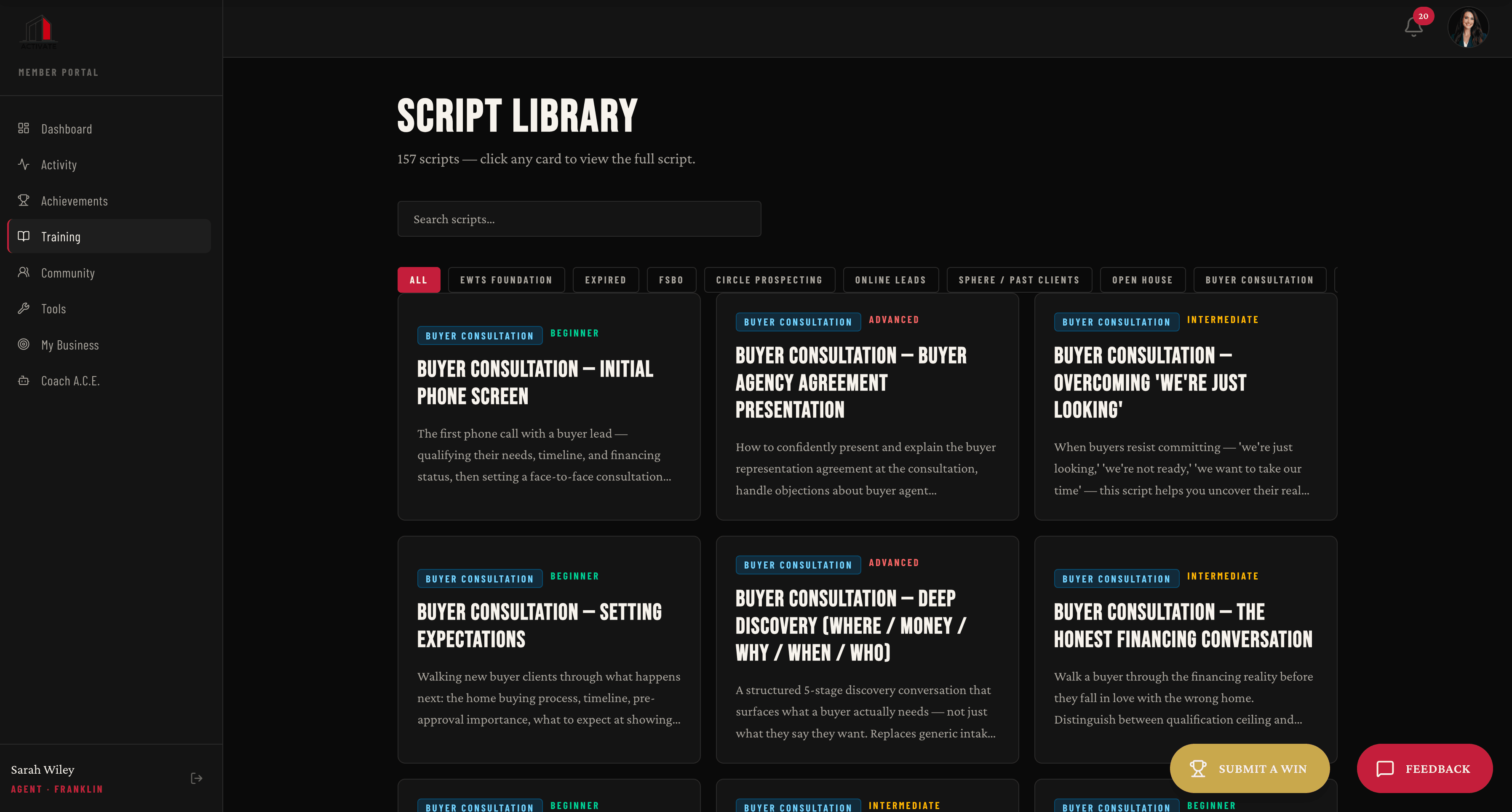 ACTIVATE Member Portal: Script library, 157 entries across every prospecting lane.