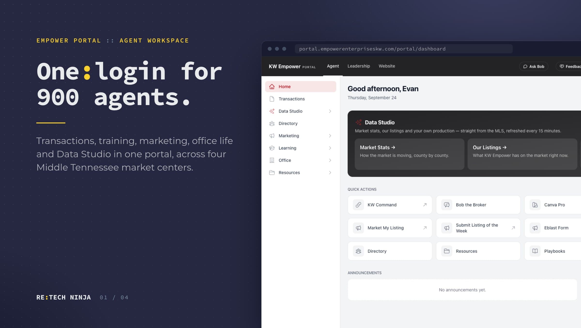 Empower Agent Portal: Agent Home. Data Studio up top, quick actions below.